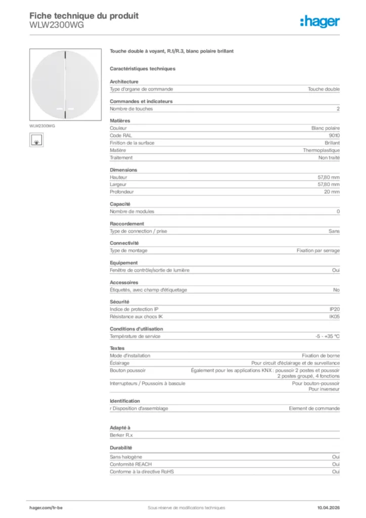 Image Hager Fiche technique du produit WLW2300WG | Hager Belgique
