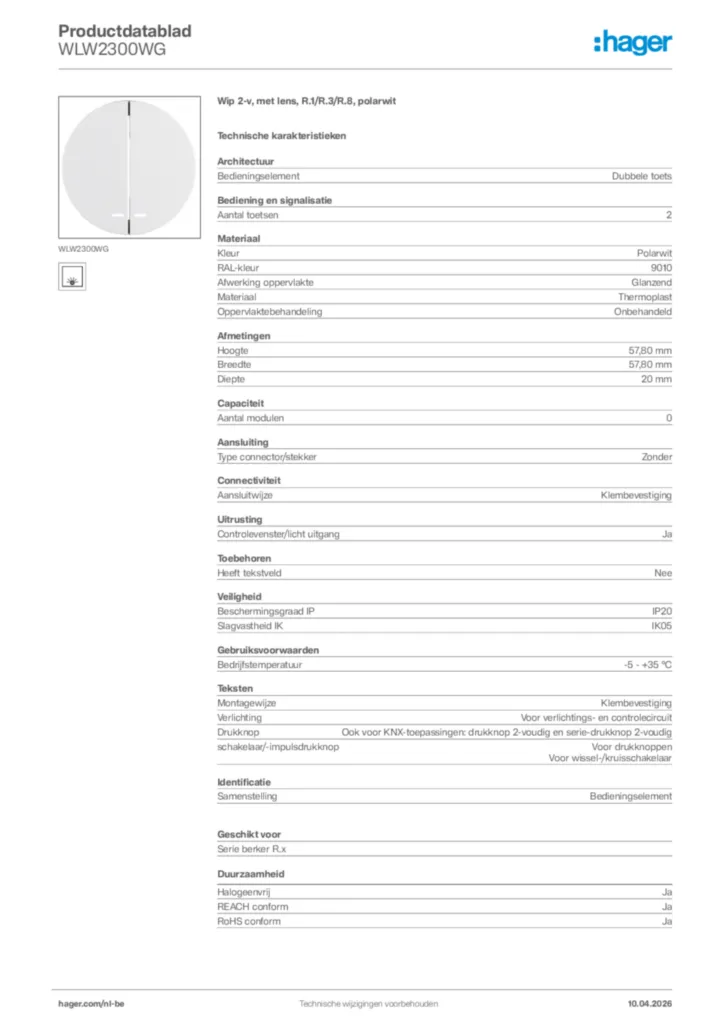 Afbeelding Hager Productdatablad WLW2300WG | Hager Belgium
