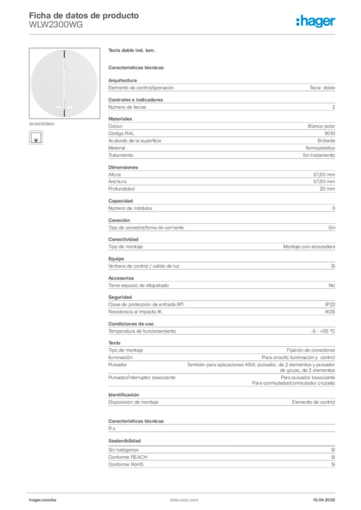 Imagen Hager Ficha de datos de producto WLW2300WG | Hager España