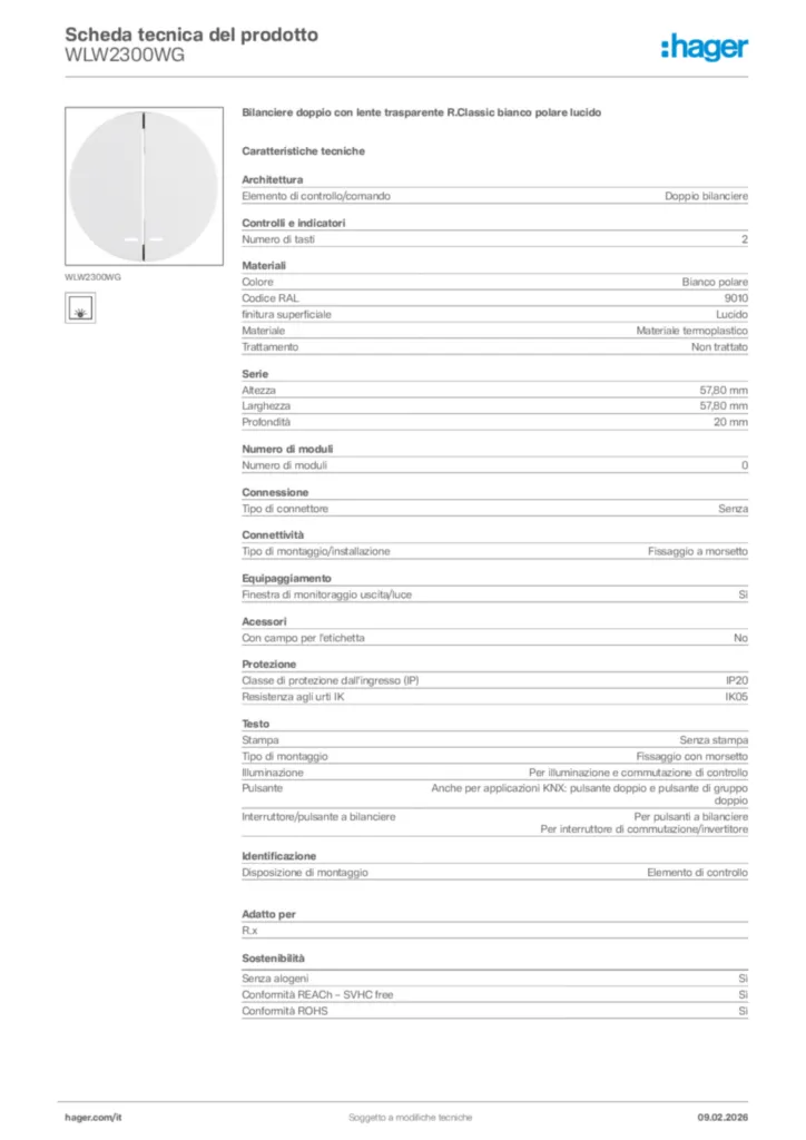 Immagine Hager Scheda tecnica del prodotto WLW2300WG | Hager Italia