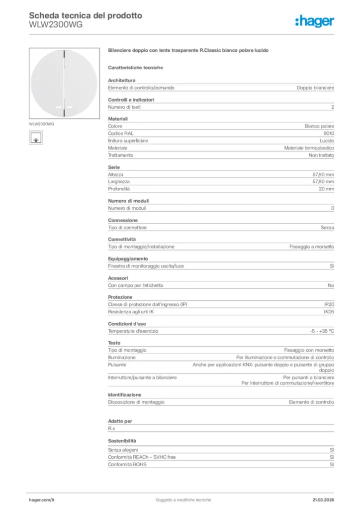 Immagine Hager Scheda tecnica del prodotto WLW2300WG | Hager Italia