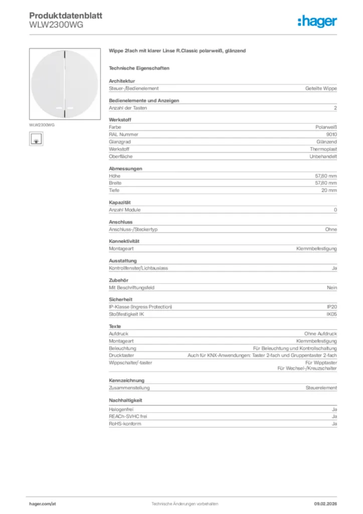 Bild Hager Produktdatenblatt WLW2300WG | Hager Deutschland