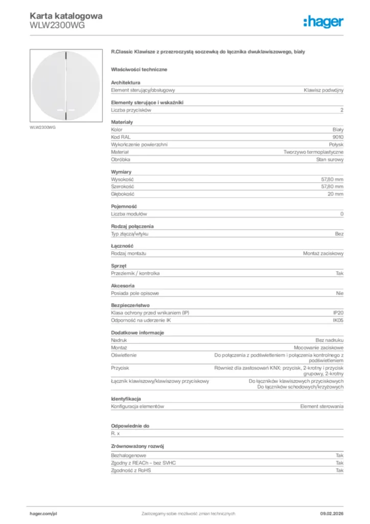 Zdjęcie Hager Karta katalogowa WLW2300WG | Hager Polska