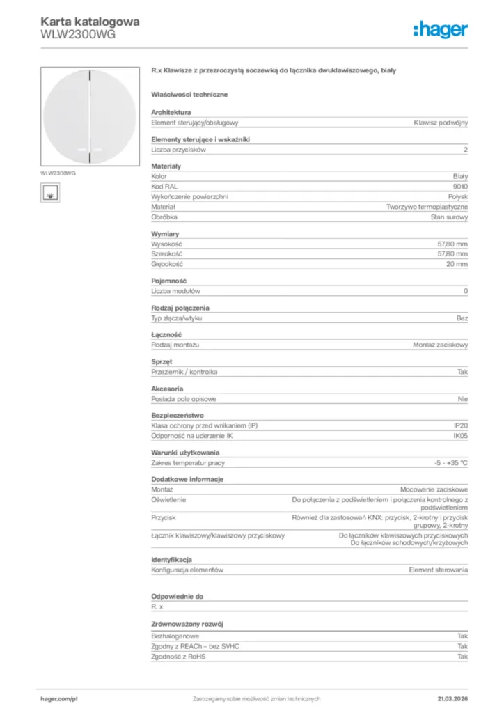 Zdjęcie Hager Karta katalogowa WLW2300WG | Hager Polska
