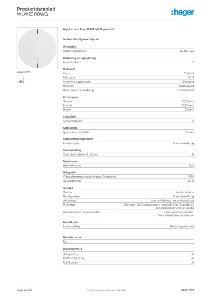Afbeelding Hager Productdatablad WLW2300WG | Hager Nederland