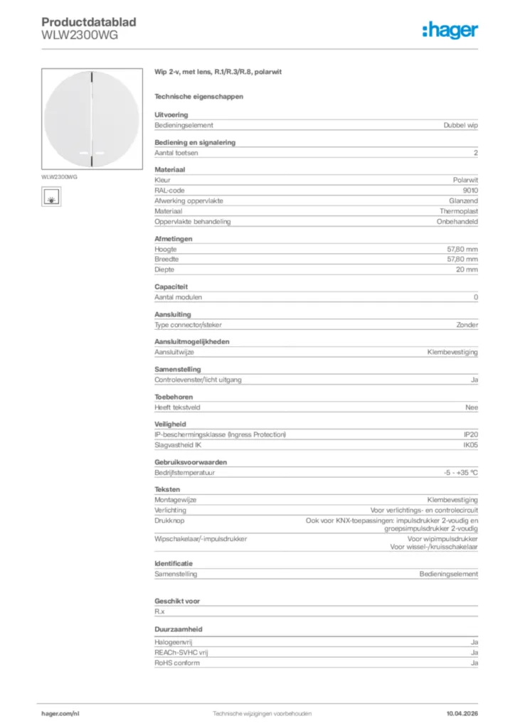 Afbeelding Hager Productdatablad WLW2300WG | Hager Nederland