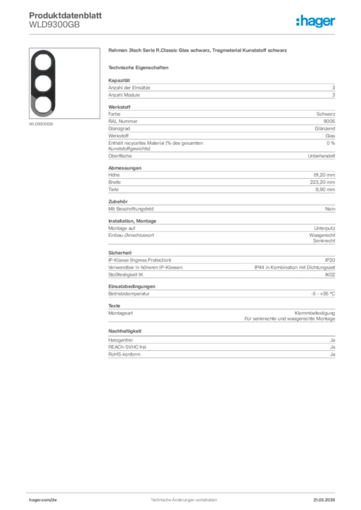 Bild Hager Produktdatenblatt WLD9300GB | Hager Deutschland