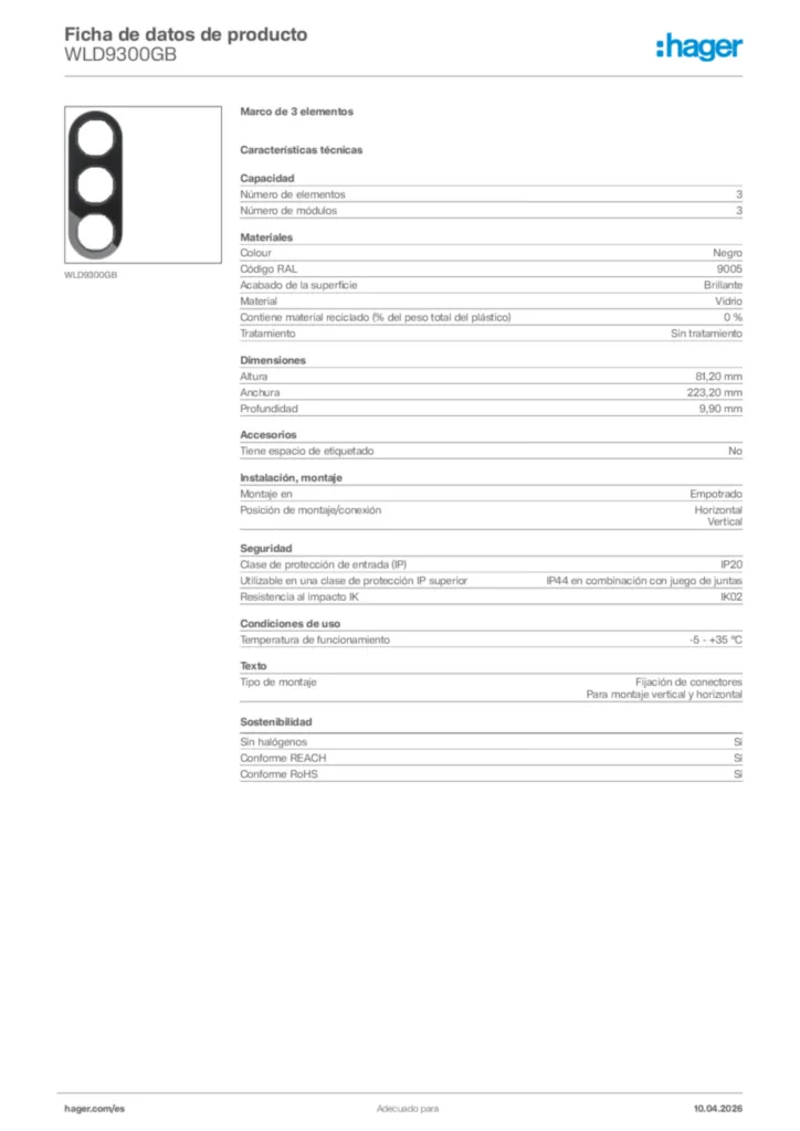 Imagen Hager Ficha de datos de producto WLD9300GB | Hager España