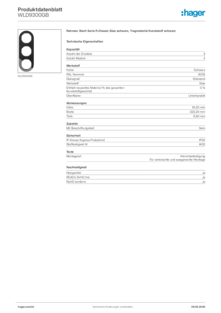 Bild Hager Produktdatenblatt WLD9300GB | Hager Deutschland