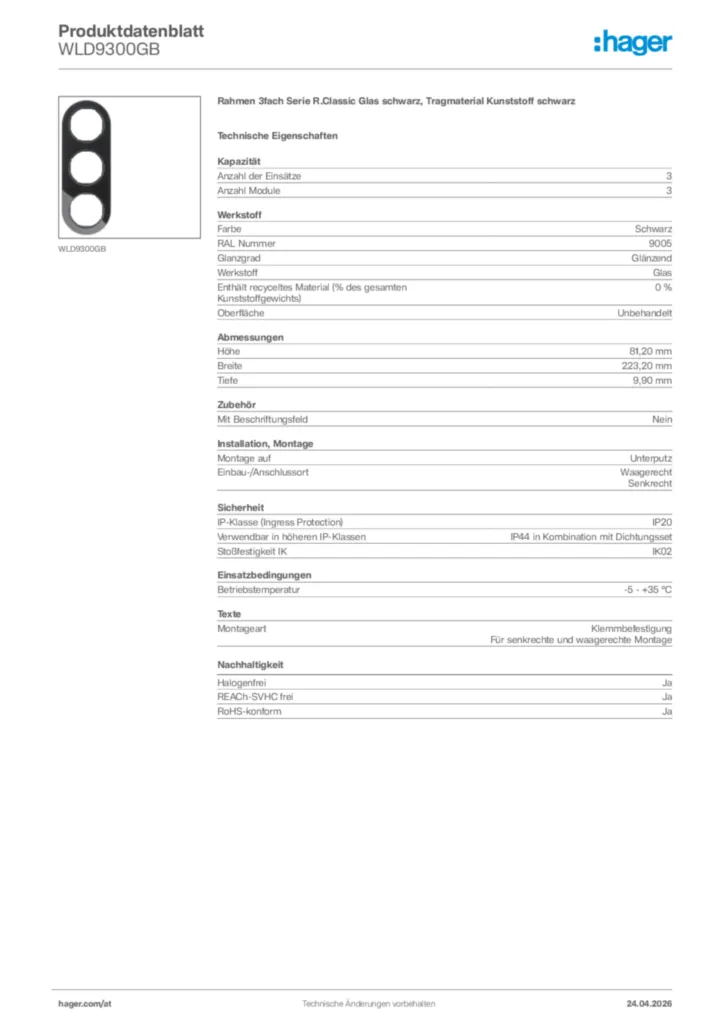 Bild Hager Produktdatenblatt WLD9300GB | Hager Deutschland