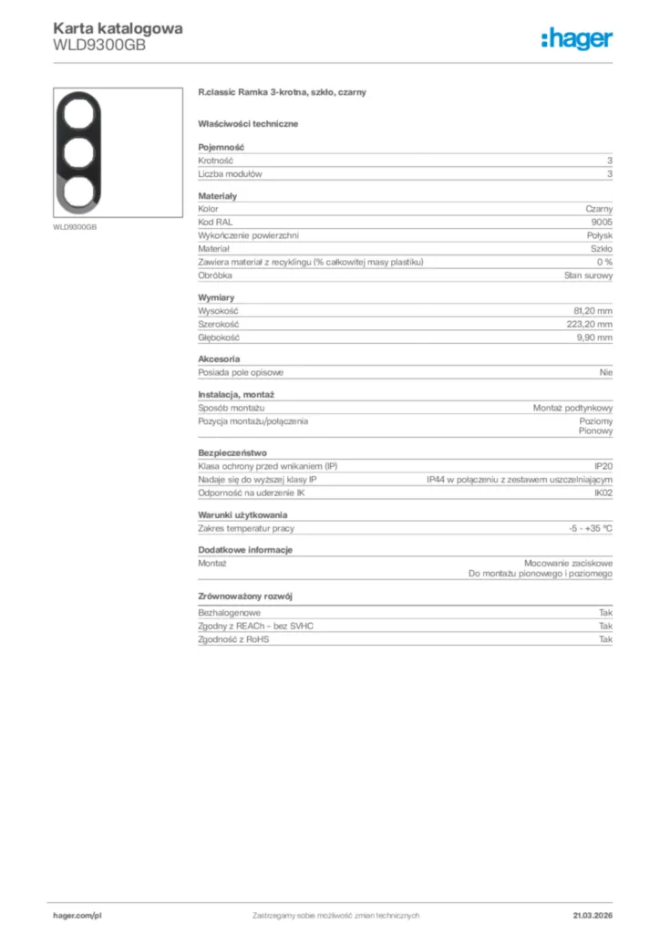 Zdjęcie Hager Karta katalogowa WLD9300GB | Hager Polska