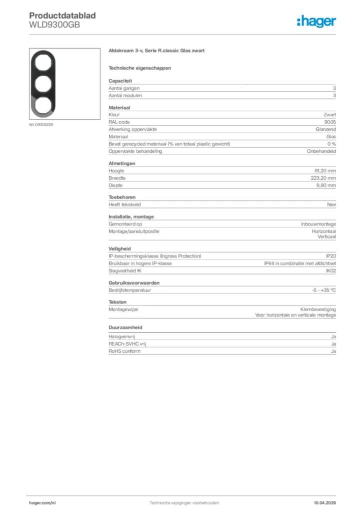Afbeelding Hager Productdatablad WLD9300GB | Hager Nederland