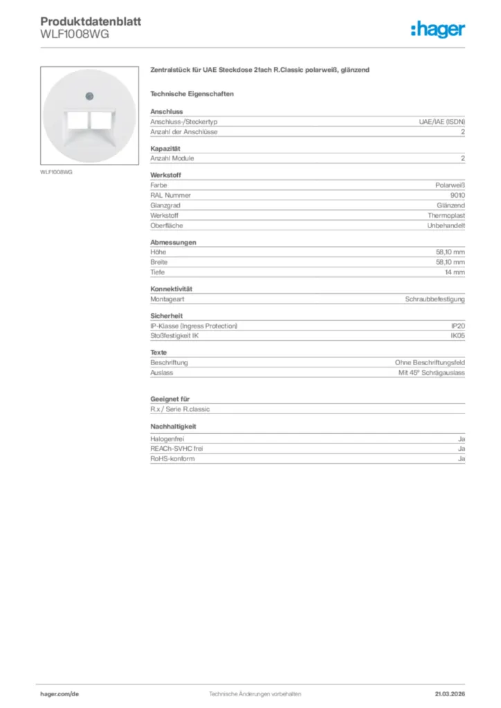 Bild Hager Produktdatenblatt WLF1008WG | Hager Deutschland