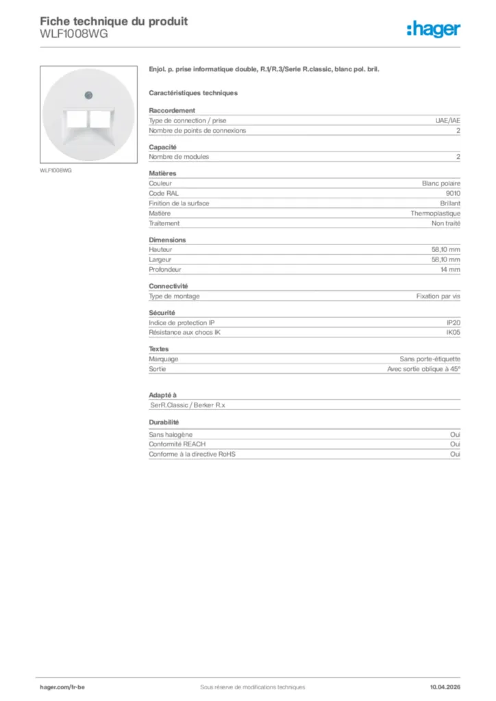 Image Hager Fiche technique du produit WLF1008WG | Hager Belgique