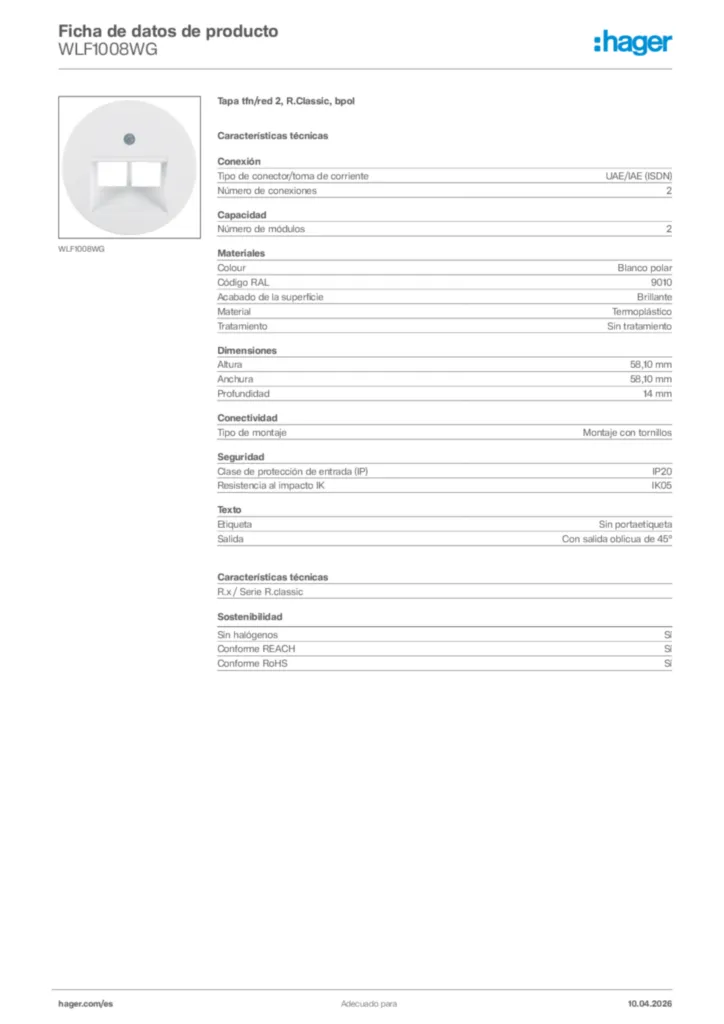 Imagen Hager Ficha de datos de producto WLF1008WG | Hager España