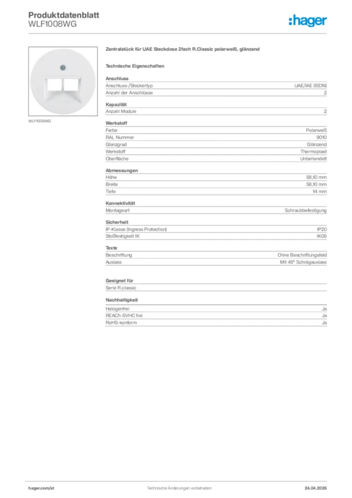 Bild Hager Produktdatenblatt WLF1008WG | Hager Deutschland