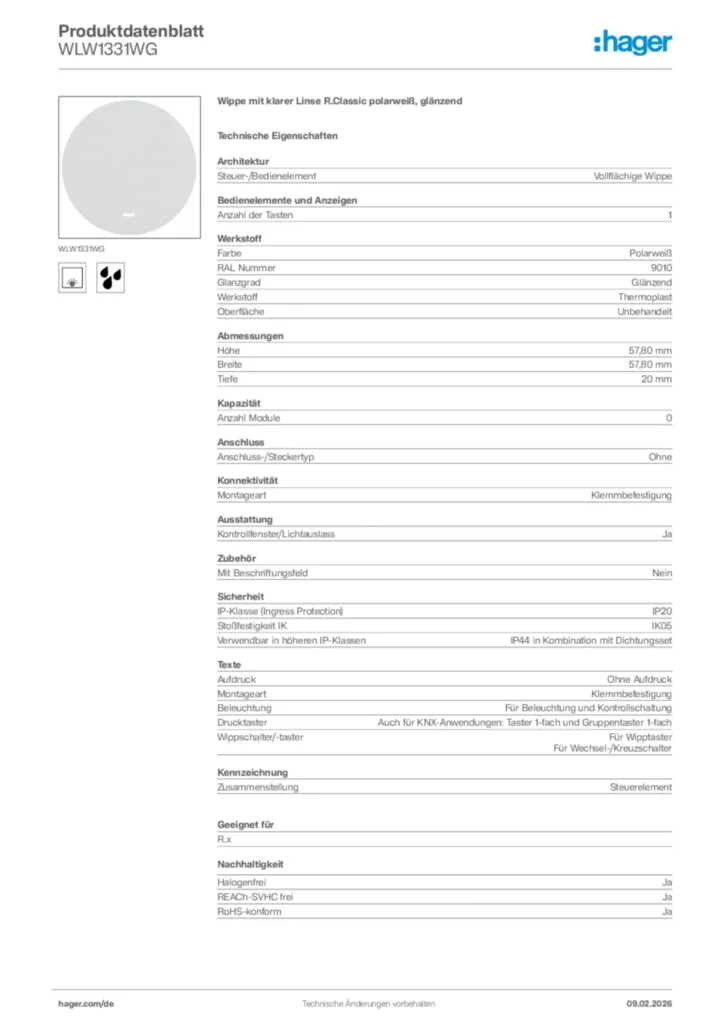 Bild Hager Produktdatenblatt WLW1331WG | Hager Deutschland