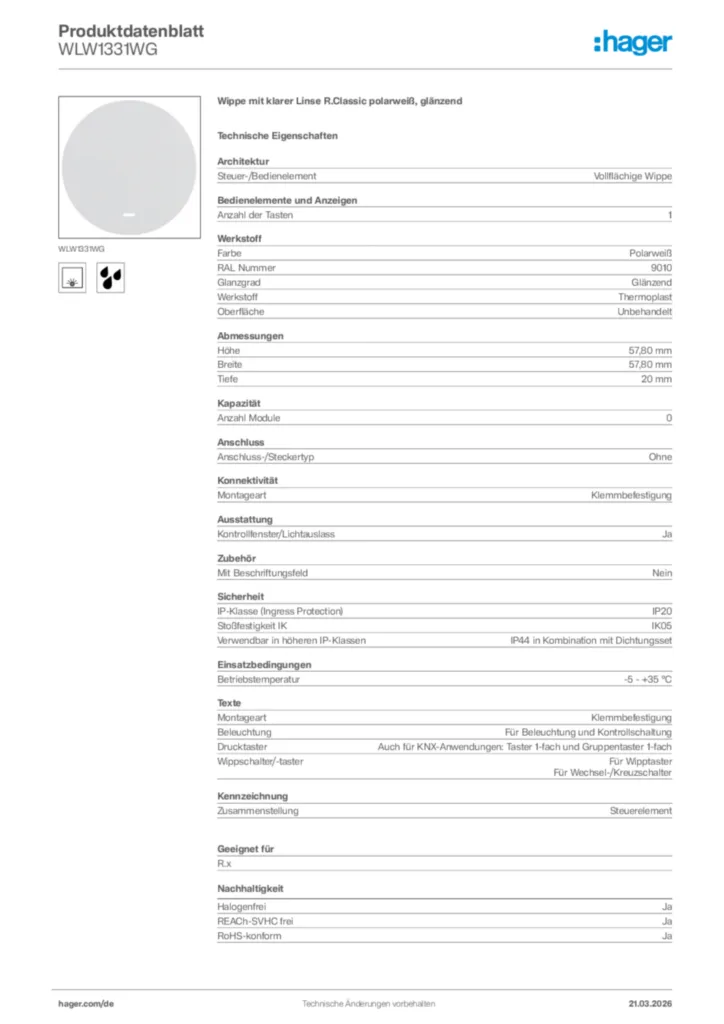 Bild Hager Produktdatenblatt WLW1331WG | Hager Deutschland