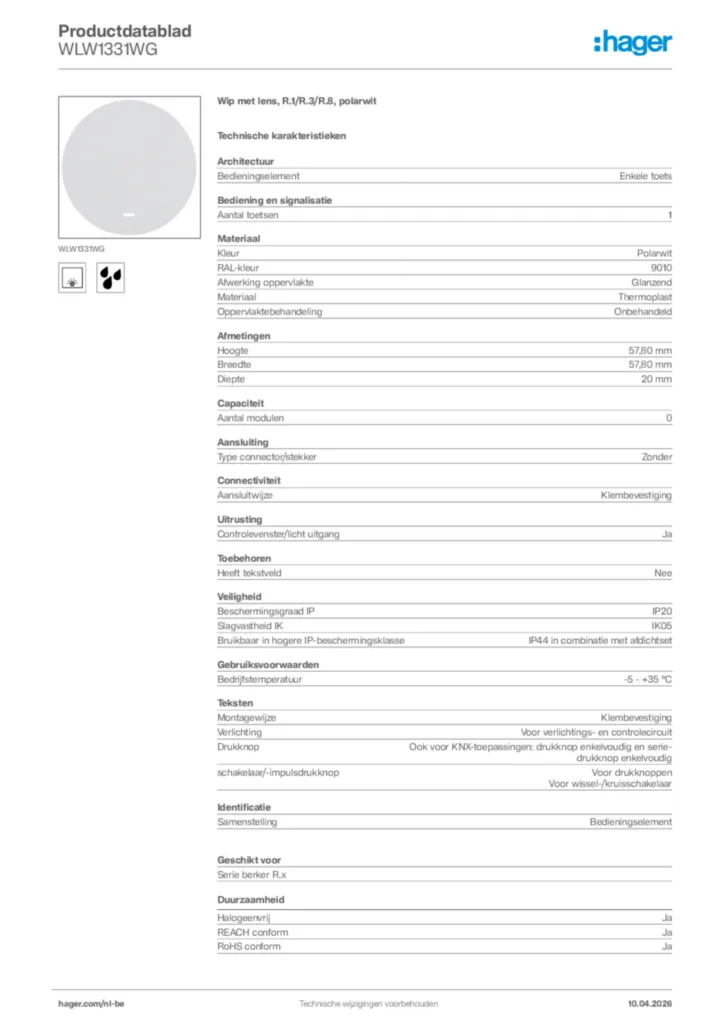 Afbeelding Hager Productdatablad WLW1331WG | Hager Belgium