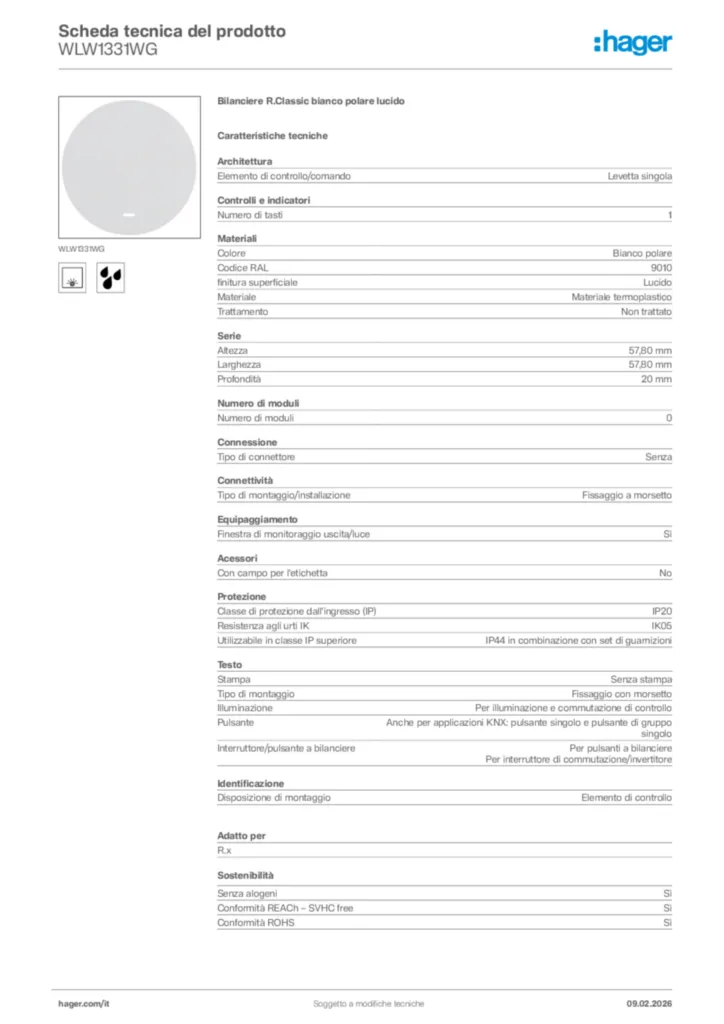 Immagine Hager Scheda tecnica del prodotto WLW1331WG | Hager Italia