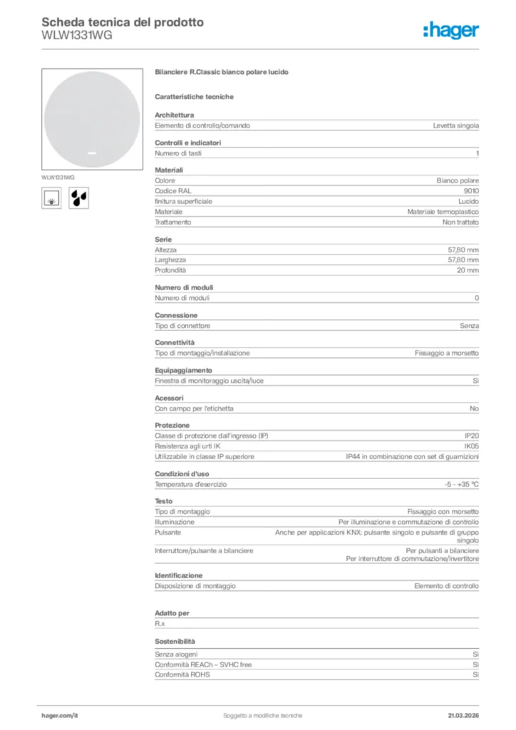Immagine Hager Scheda tecnica del prodotto WLW1331WG | Hager Italia