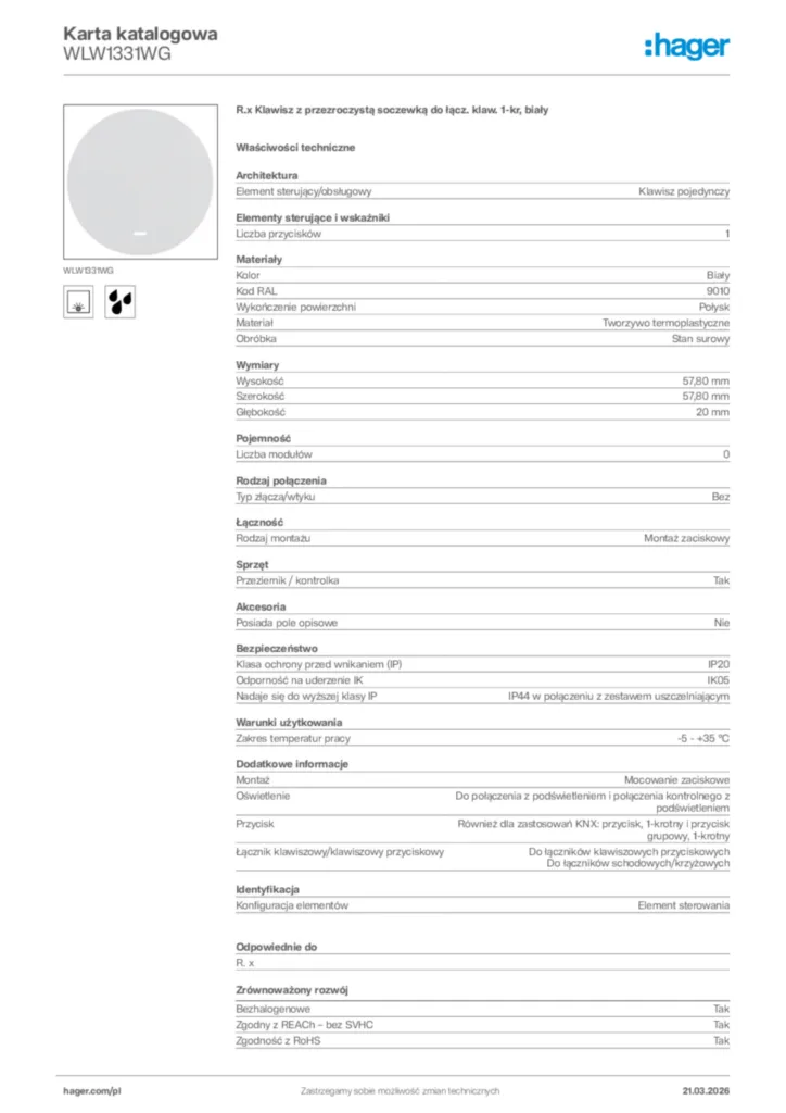 Zdjęcie Hager Karta katalogowa WLW1331WG | Hager Polska