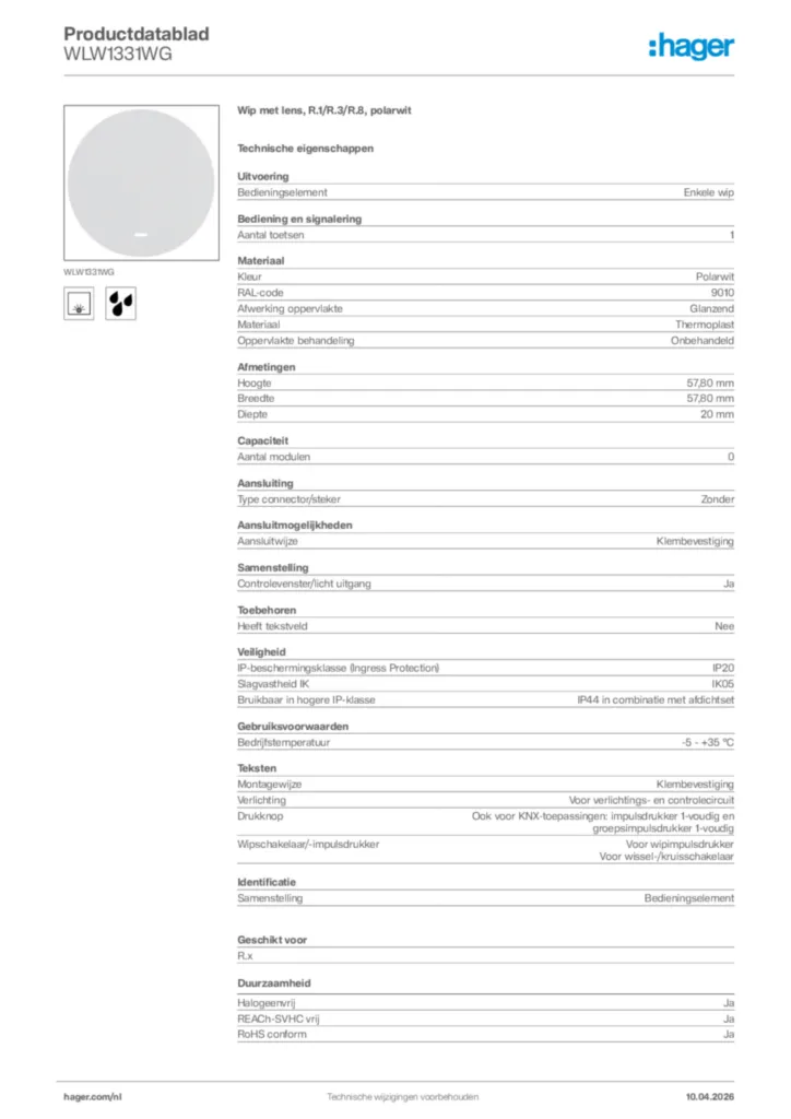 Afbeelding Hager Productdatablad WLW1331WG | Hager Nederland