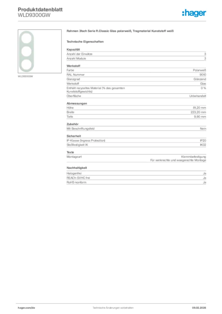 Bild Hager Produktdatenblatt WLD9300GW | Hager Deutschland