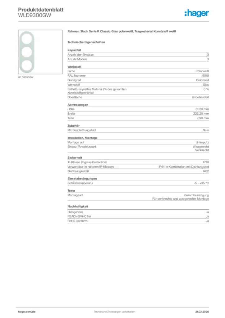 Bild Hager Produktdatenblatt WLD9300GW | Hager Deutschland