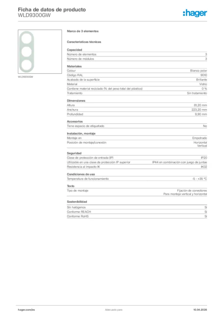Imagen Hager Ficha de datos de producto WLD9300GW | Hager España