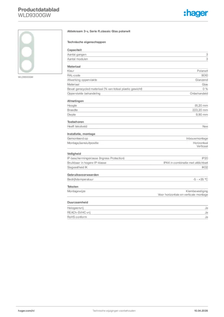Afbeelding Hager Productdatablad WLD9300GW | Hager Nederland