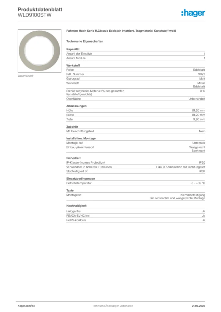 Bild Hager Produktdatenblatt WLD9100STW | Hager Deutschland