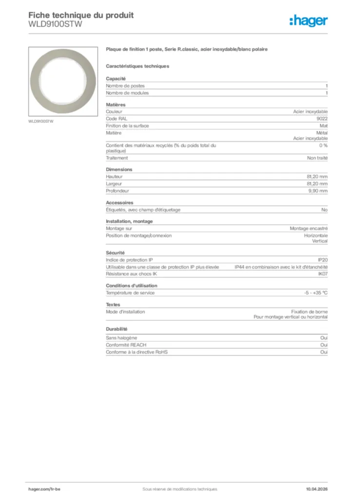 Image Hager Fiche technique du produit WLD9100STW | Hager Belgique