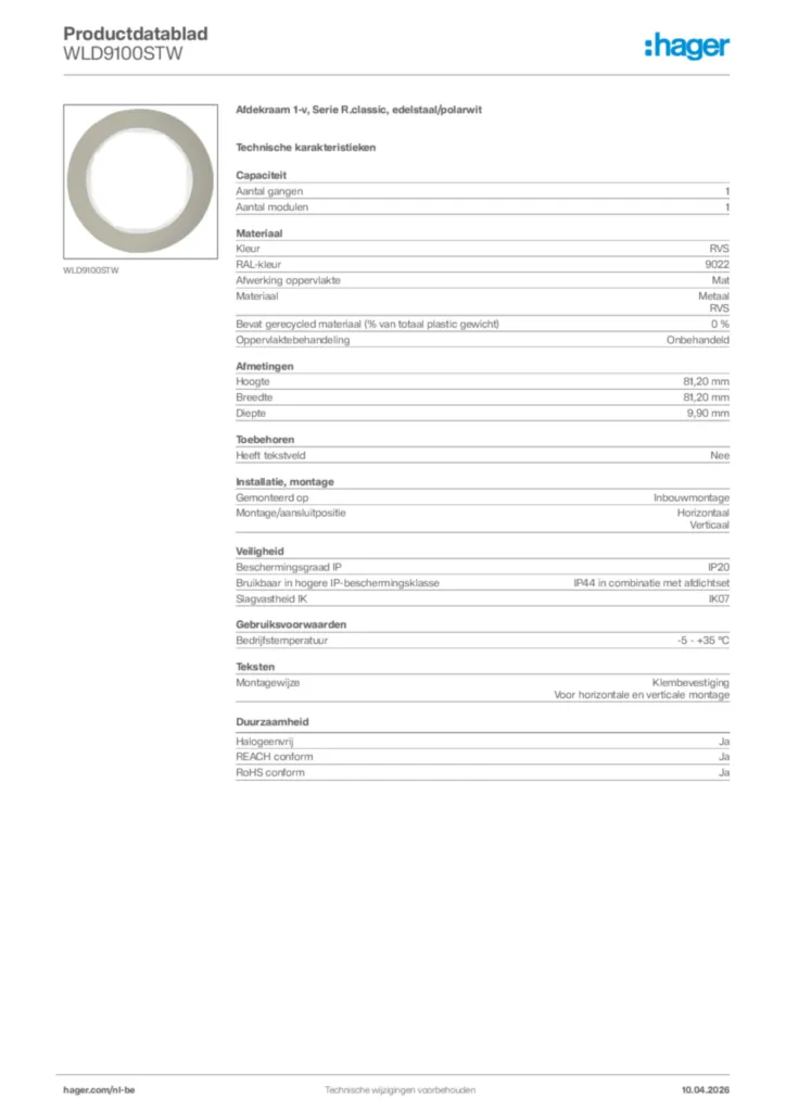 Afbeelding Hager Productdatablad WLD9100STW | Hager Belgium