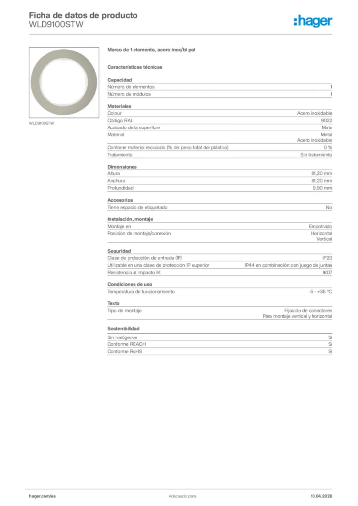 Imagen Hager Ficha de datos de producto WLD9100STW | Hager España