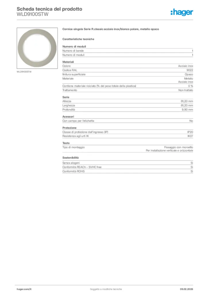 Immagine Hager Scheda tecnica del prodotto WLD9100STW | Hager Italia