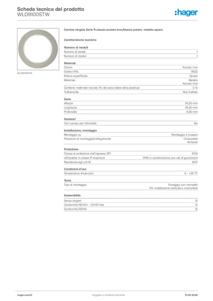 Immagine Hager Scheda tecnica del prodotto WLD9100STW | Hager Italia
