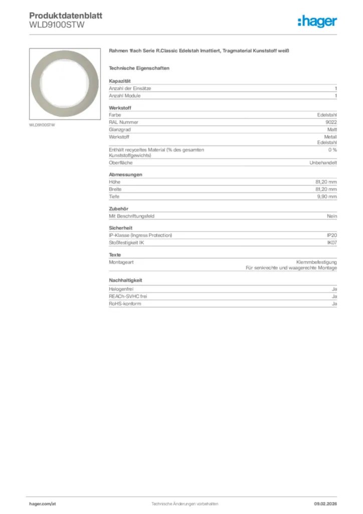 Bild Hager Produktdatenblatt WLD9100STW | Hager Deutschland