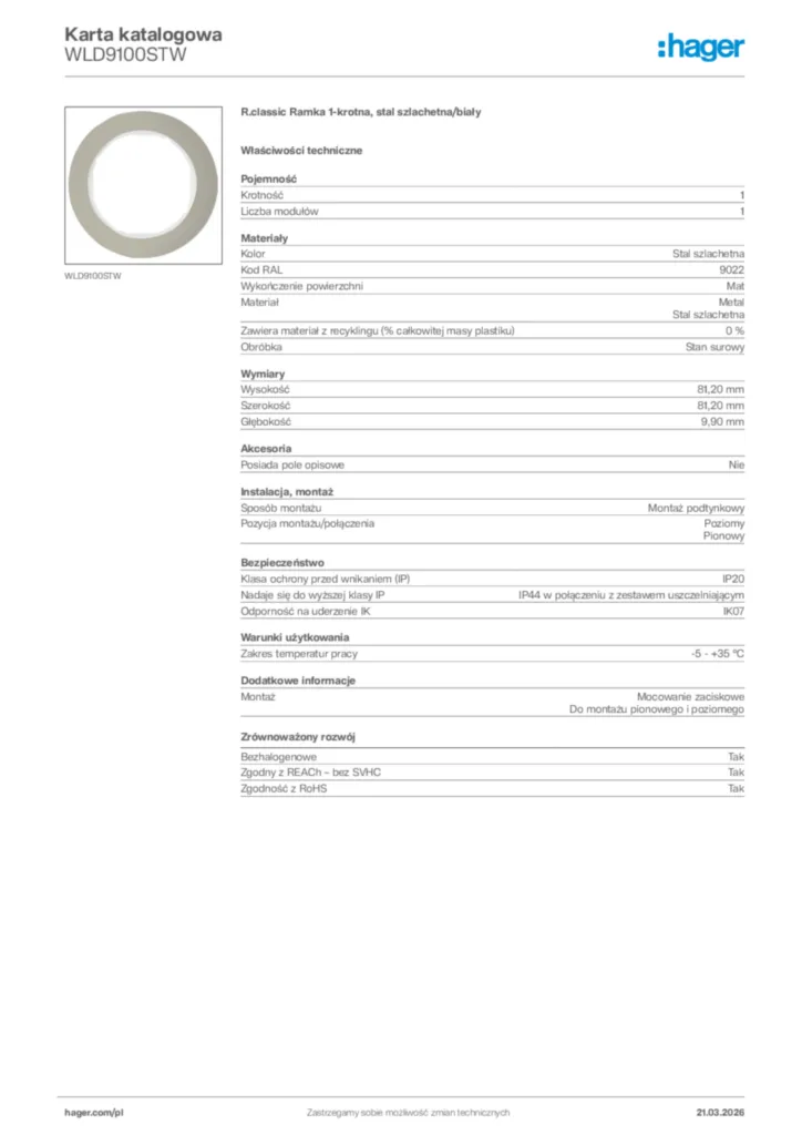 Zdjęcie Hager Karta katalogowa WLD9100STW | Hager Polska