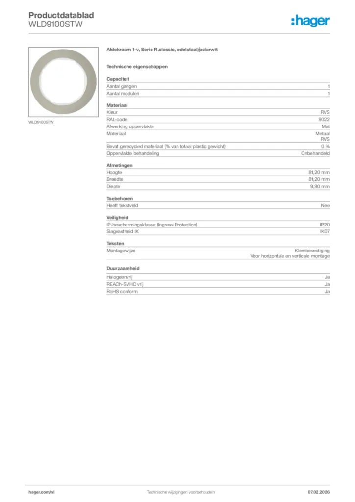 Afbeelding Hager Productdatablad WLD9100STW | Hager Nederland