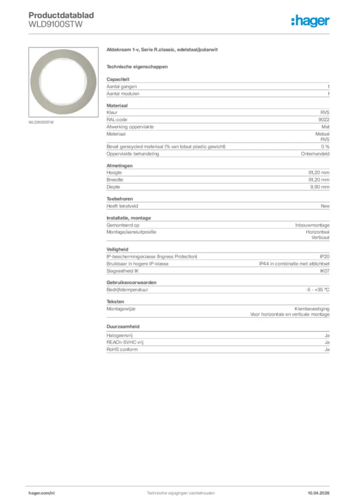 Afbeelding Hager Productdatablad WLD9100STW | Hager Nederland