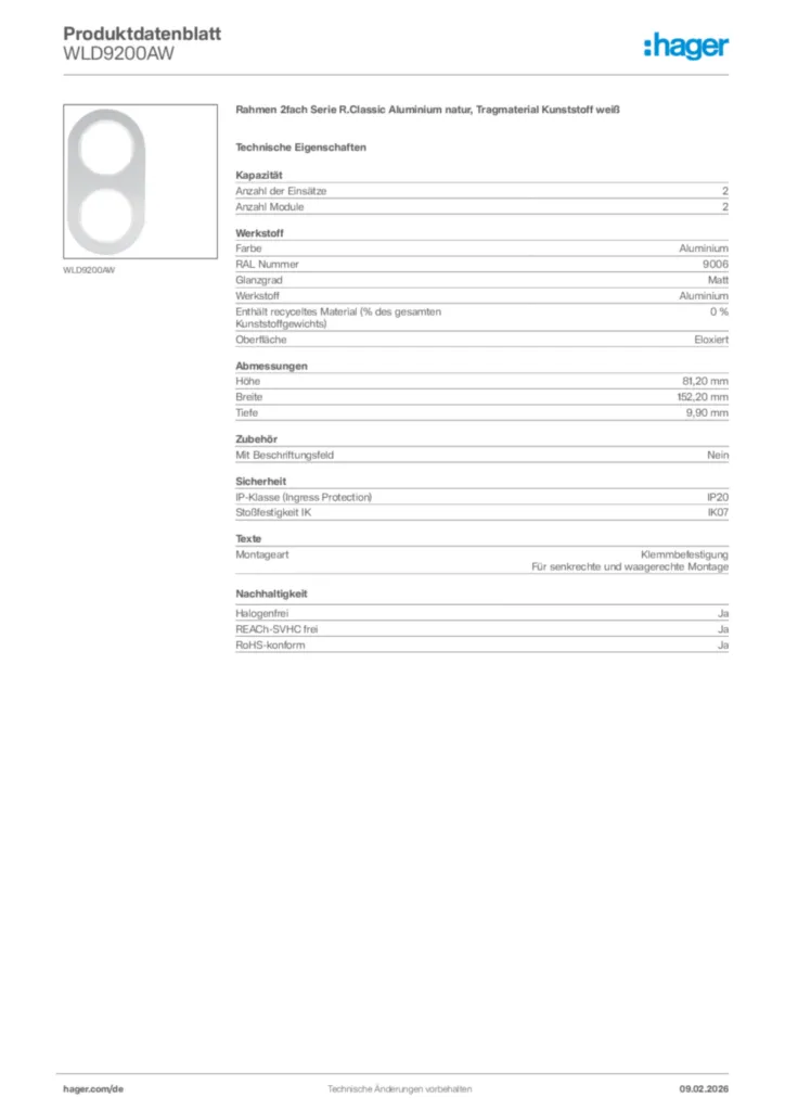 Bild Hager Produktdatenblatt WLD9200AW | Hager Deutschland