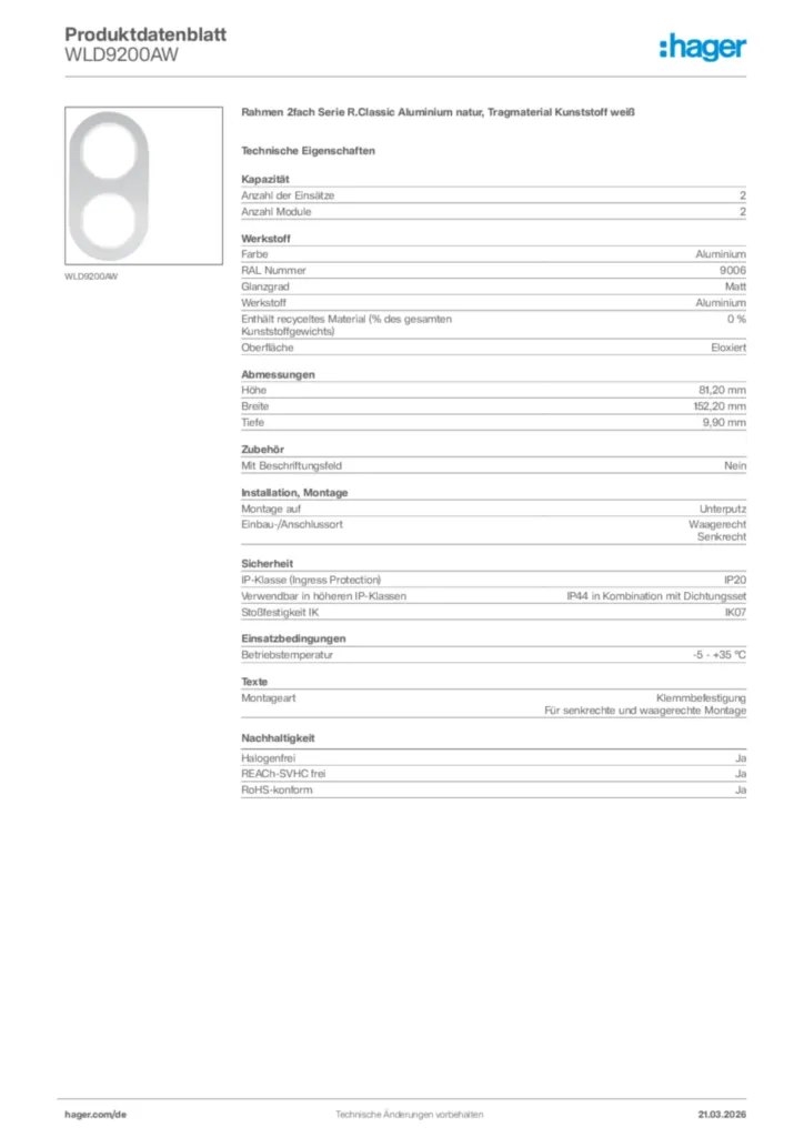Bild Hager Produktdatenblatt WLD9200AW | Hager Deutschland