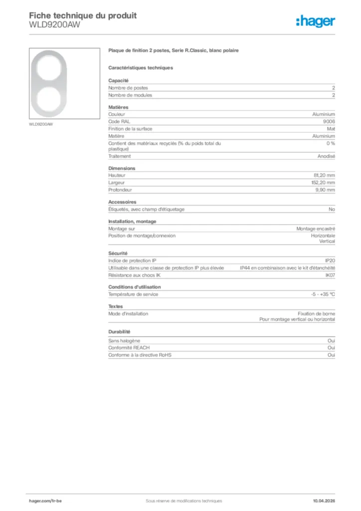 Image Hager Fiche technique du produit WLD9200AW | Hager Belgique