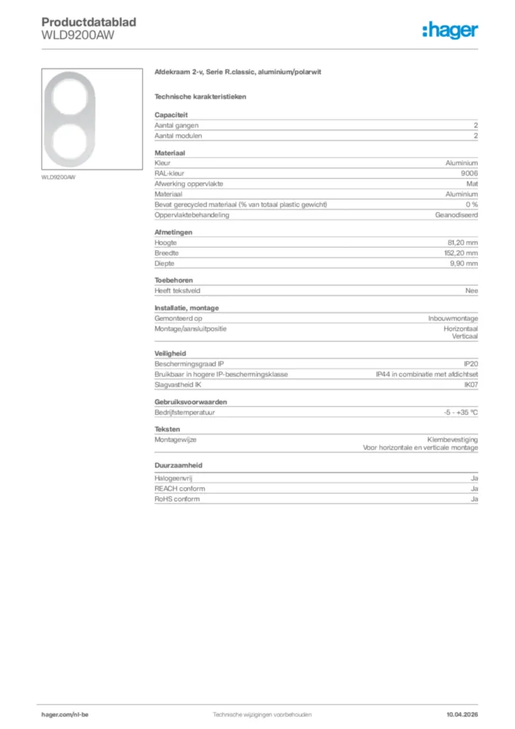 Afbeelding Hager Productdatablad WLD9200AW | Hager Belgium