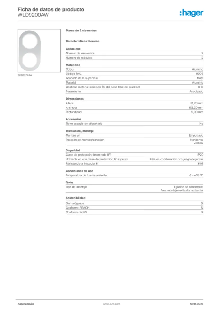 Imagen Hager Ficha de datos de producto WLD9200AW | Hager España