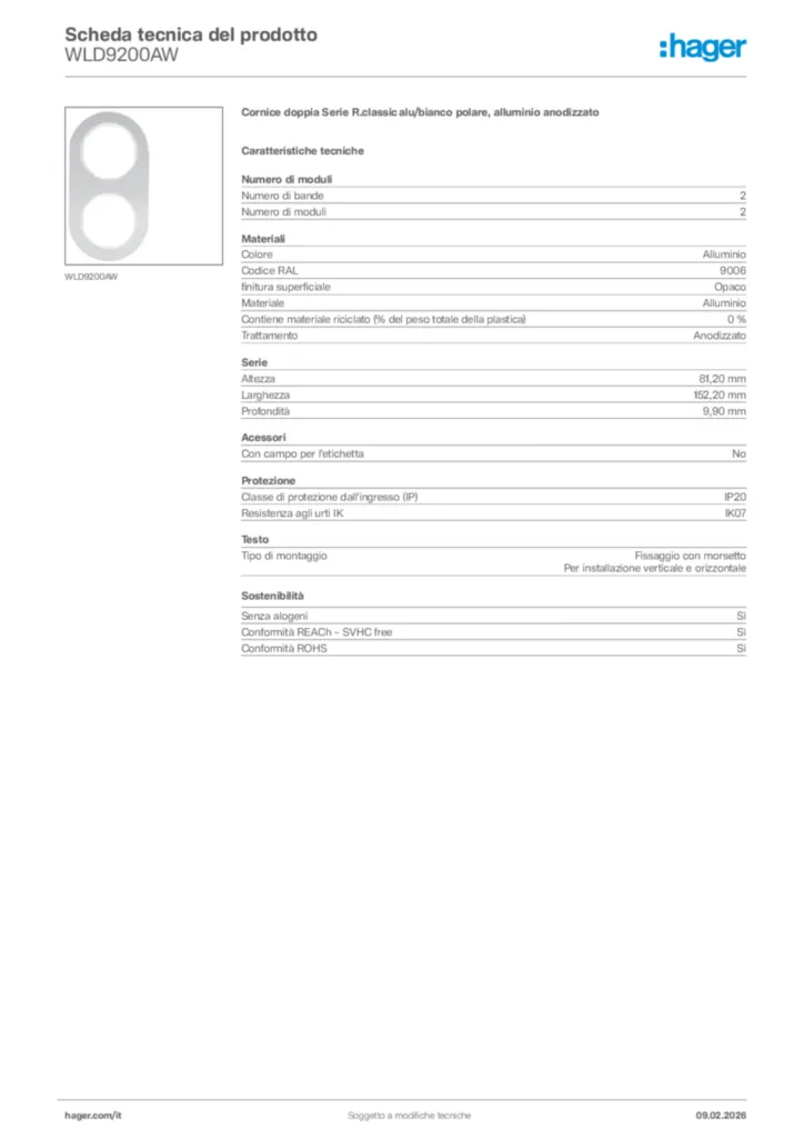 Immagine Hager Scheda tecnica del prodotto WLD9200AW | Hager Italia