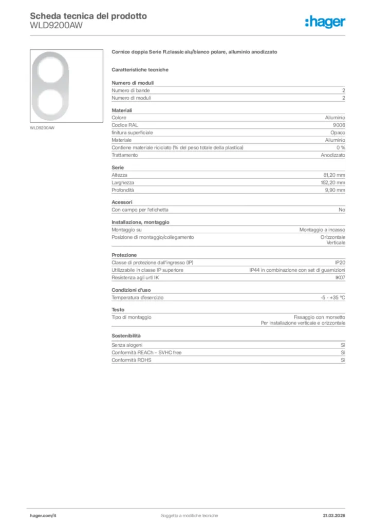 Immagine Hager Scheda tecnica del prodotto WLD9200AW | Hager Italia