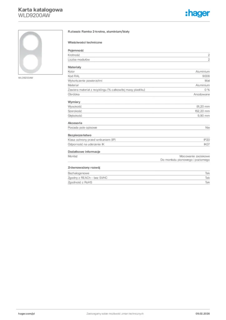 Zdjęcie Hager Karta katalogowa WLD9200AW | Hager Polska
