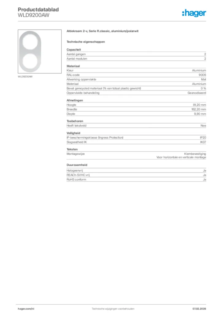 Afbeelding Hager Productdatablad WLD9200AW | Hager Nederland
